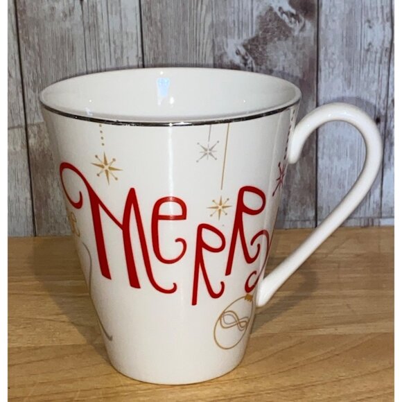Lenox Eat Drink be Merry Holiday 12 oz Mug Red Gold & Silver White Mug Christmas - Picture 1 of 6